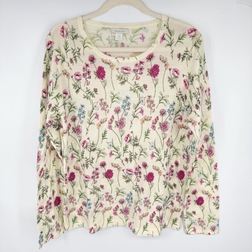 Garnet Hill Merino Wool LS Sweater Size XL Cream Floral Lightweight Cottagecore